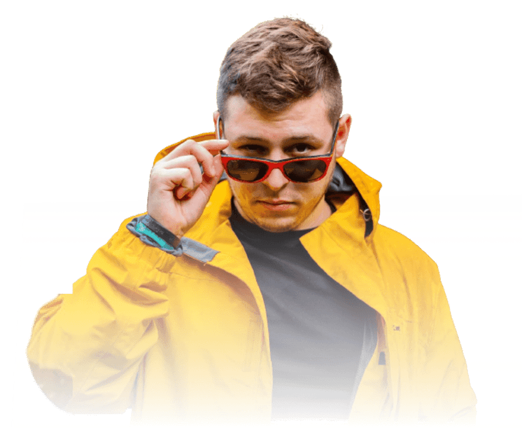 Ryan Juarez wearing a yellow jacket and sunglasses
